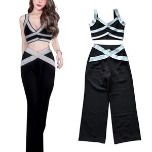 Two-piece set Wide Leg Pant Black‎ Crop Top Silver Trim Sz Large Fitted Club NEW